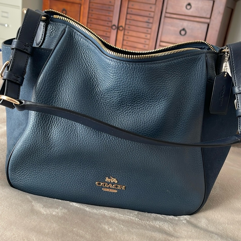 Coach Blue Leather Hobo Bag with Gold Accents